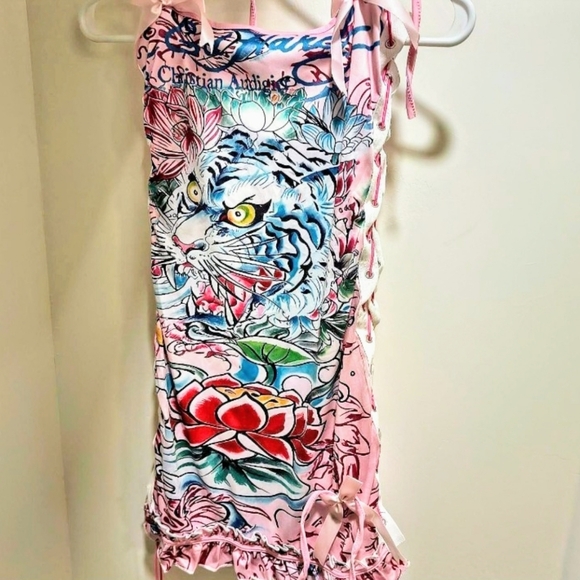 Christian Audigier Dresses & Skirts - Christian Audigier Pink Tiger Floral Dress Y2k Ed Hardy
